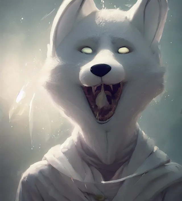 Image similar to a beautiful portrait of a cute male anthropomorph white wolf wearing a kigurumi. character design by cory loftis, fenghua zhong, ryohei hase, ismail inceoglu and ruan jia. artstation, volumetric light, detailed, photorealistic, rendered in octane