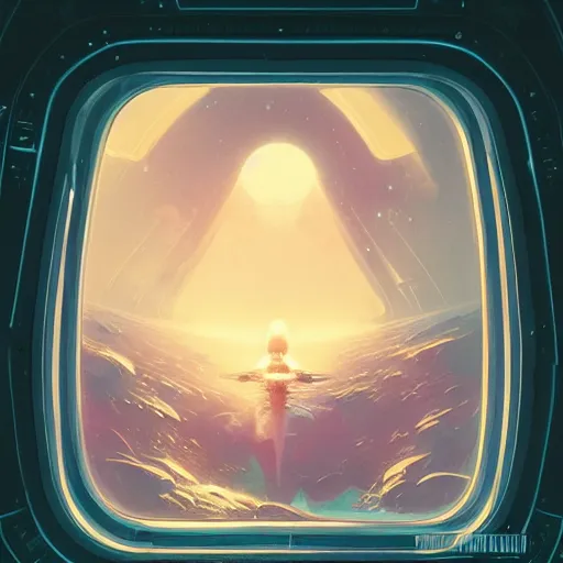 Image similar to An alien looking out of a window in space on a spaceship, collaborative illustration illustrated by Greg Rutkowski and Anton Fadeev, sci-fi art, photorealistic details, intricate details, 4k, 8k.