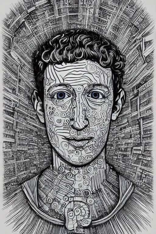 Prompt: beautifully detailed, psychedelic, mystical lsd portrait of mark zuckerberg's inner being, clockwork, technical inner being, pen, ink, copic marker