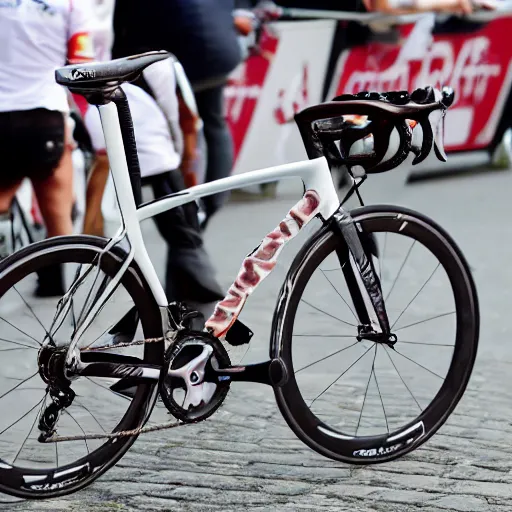 Prompt: modern road bicycle made from bacon, ridden at the champs elysees at the tour de france, high detail sports photography