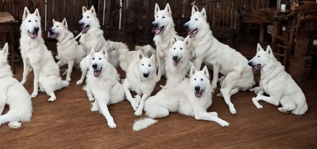 Prompt: 7 white shepherd dogs sitting around a table