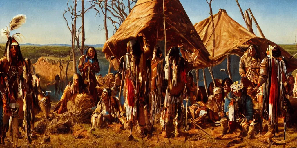 Image similar to realistic scene of exiled native americans, 1 4 5 0, painting, ultra realistic, 8 k