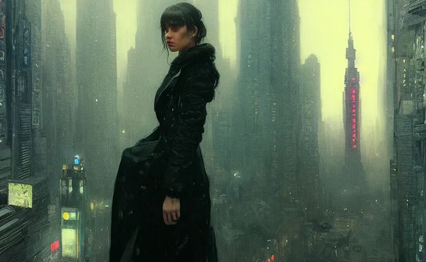 Image similar to 2 0 1 8 blade runner movie still girl look at the cityscape from roof perfect prtrait of young madison beer face fine realistic face pretty face neon puffy jacket blue futuristic sci - fi elegant by denis villeneuve tom anders zorn hans dragan bibin thoma greg rutkowski ismail inceoglu illustrated sand storm alphonse mucha