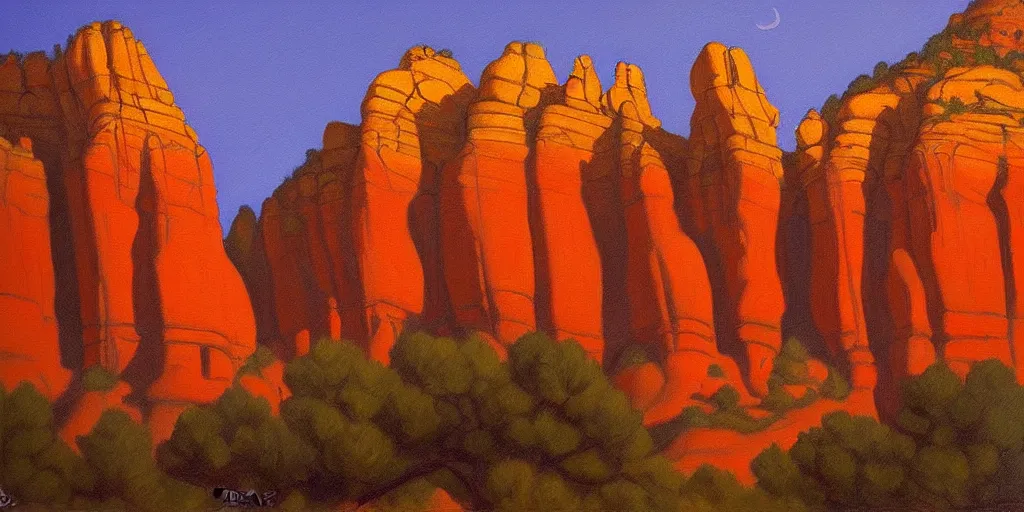 Image similar to sedona's cathedral rock bluff, oil painting, twilight, intricate lines, elegant, extreme detail, sharp focus, art by vermeer and edward church