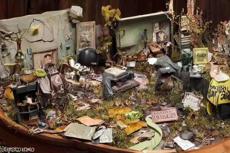 Prompt: diorama of scattered items, spooky, scary, walter wick and jean marzollo