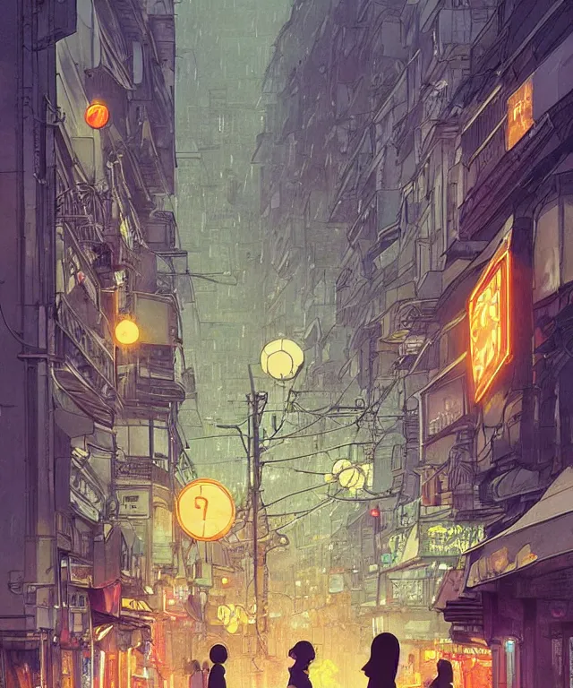 Image similar to circular street from Paris or neo Tokyo , humid ground, people and creatures walking holding neon ombrellas, volumetric light, bokeh light from top, science fiction elements, rainy mood, artstation, art by françois schuiten and moebius and pascal campion, ghibli disney