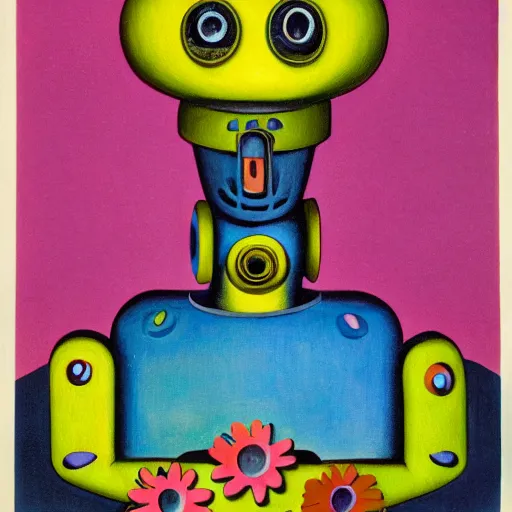 Image similar to a colorful painting by m. c. escher of a happy robot head with flowers growing out of the top