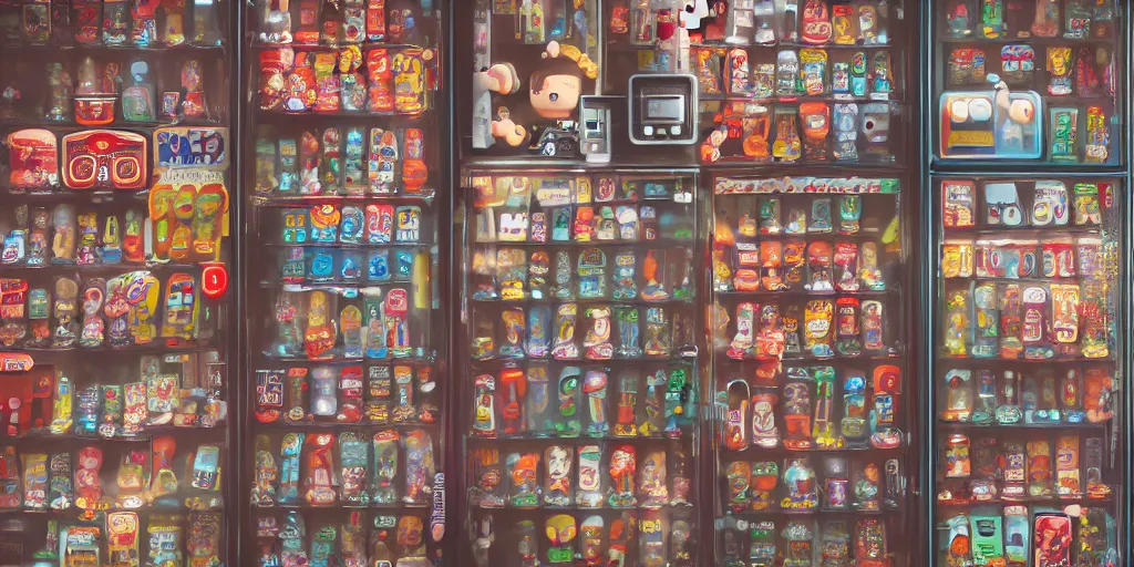 Image similar to closeup portrait of tin toy tokyo corner store and vending machines, depth of field, zeiss lens, detailed, centered, photoshoot, by nicoletta ceccoli, mark ryden, lostfish, breathtaking, 8 k resolution, extremely detailed, beautiful, establishing shot, artistic, hyperrealistic, octane render, - h 8 0 4
