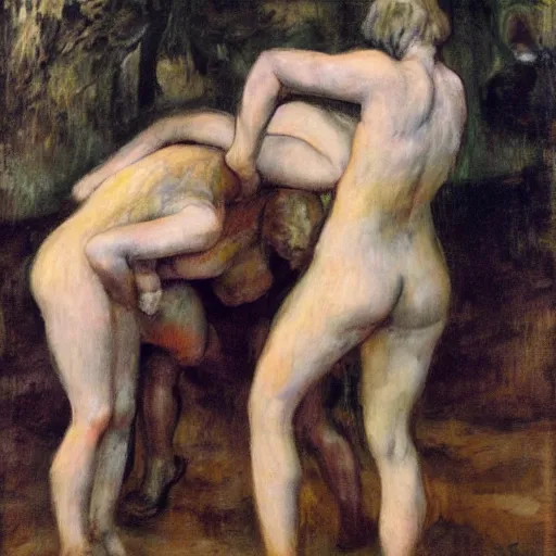 Prompt: 3 drunk women fall over mud - wrestling,, oil painted ( ( ( ( ( ( by rodin ) ) ) ) ) )