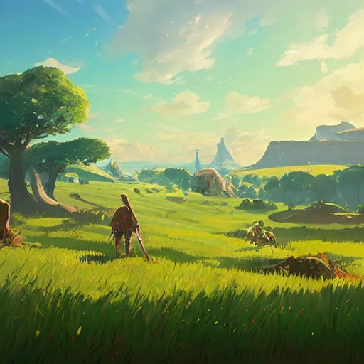 Image similar to landscape painting of a beautiful lush field. clean sharp digital art, environment concept art, by rossdraws, ghibli, breath of the wild, greg rutkowski