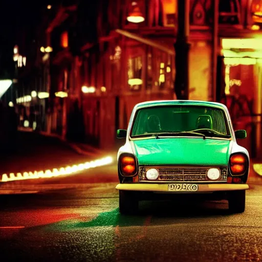 Prompt: stained old picture of an trabant driving in city at night, photography