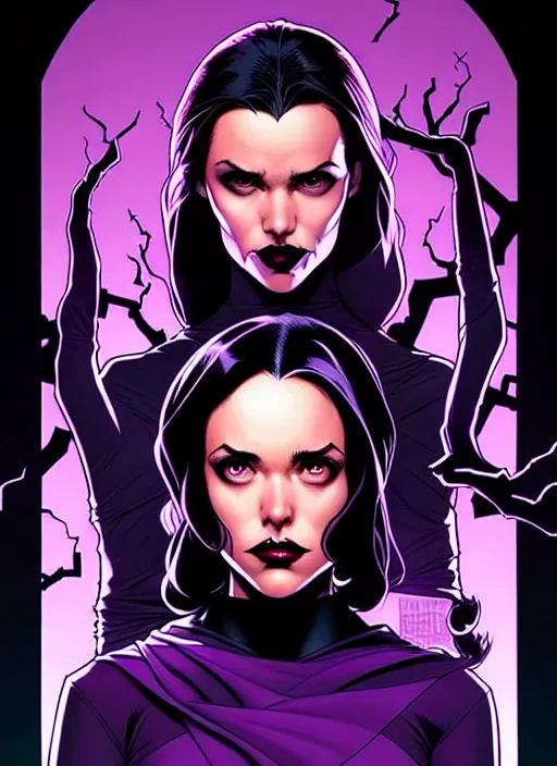 Image similar to Rafael Albuquerque comic cover art, artgerm, Joshua Middleton, pretty Stella Maeve witch doing black magic, serious look, purple dress, symmetrical eyes, symmetrical face, long black hair, full body, dark forest, cool colors