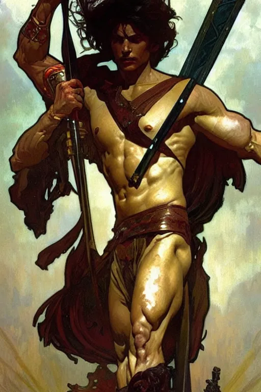 Image similar to A god holding a sword, muscular, fantasy, painting by greg rutkowski and alphonse mucha