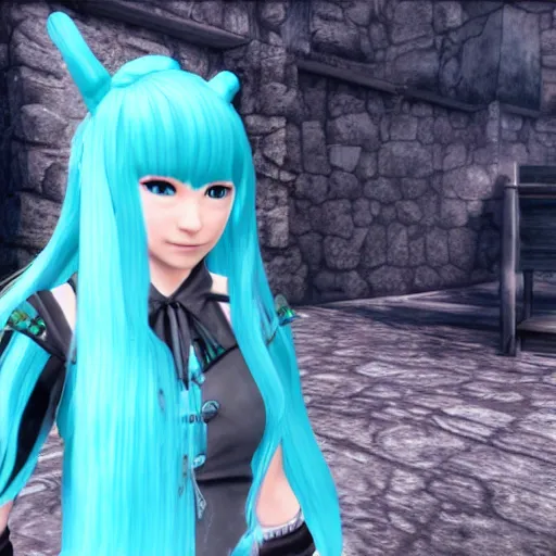 Prompt: hatsune Miku in Skyrim, game screenshot