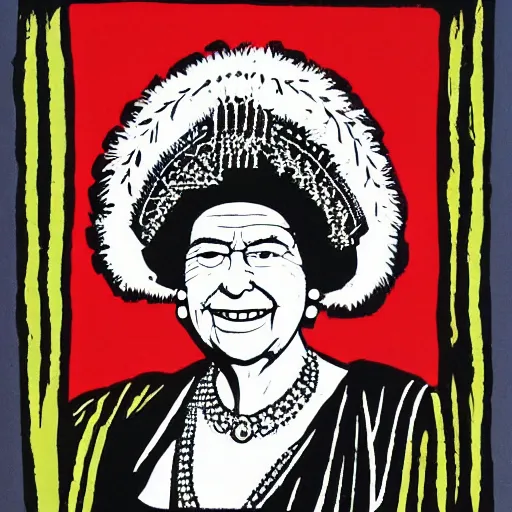 Image similar to queen elizabeth wearing herero headdress, lino print