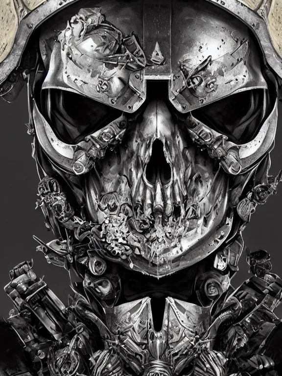 Image similar to portrait art of 8k ultra realistic space marine skull , ornate intricate smashed galaxy helmet , detailed intricate ornate armour,blade runner, cybernetic, full of colour, cinematic lighting, battered, trending on artstation, 4k, hyperrealistic, focused, extreme details,unreal engine 5, cinematic, masterpiece, art by ayami kojima, giger