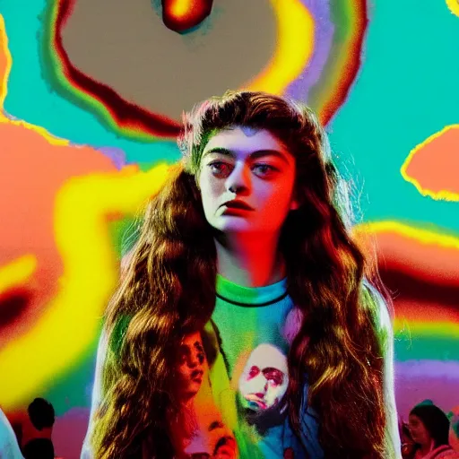 Image similar to 8k high detailed 35mm wide angle lens photograph of lorde in futurecore attire experiencing complete euphoria, vivid details, in the style of Andy Warhol