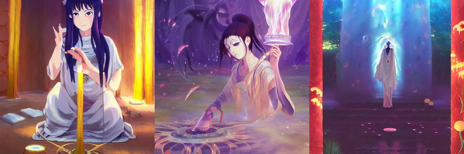 Prompt: priestess of the jellyfish temple performing ritual rites, painting by Makoto Shinkai