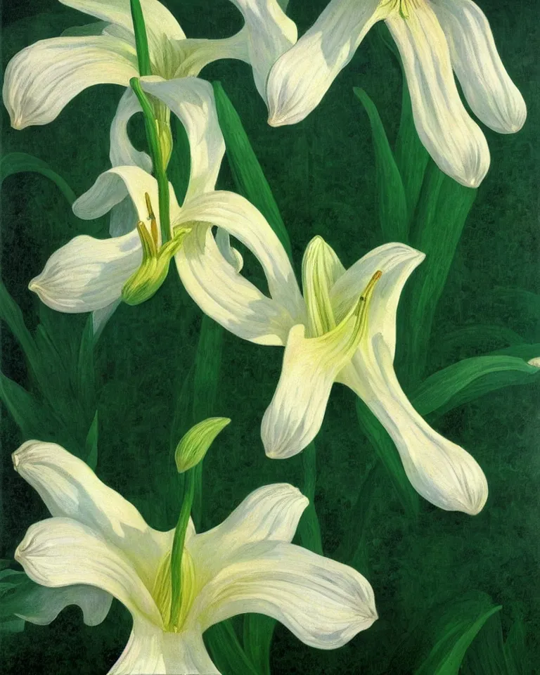 Prompt: achingly beautiful painting of one white lily blossom on green background rene magritte, monet, and turner. piranesi. macro lens.