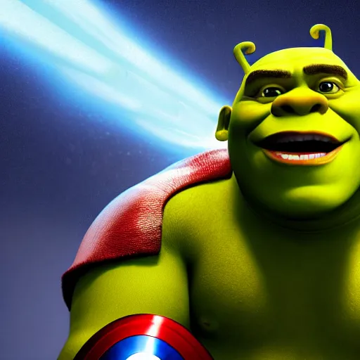 Image similar to digital painting of Shrek as Captain America, octane render, volumetric lightening, by marvel