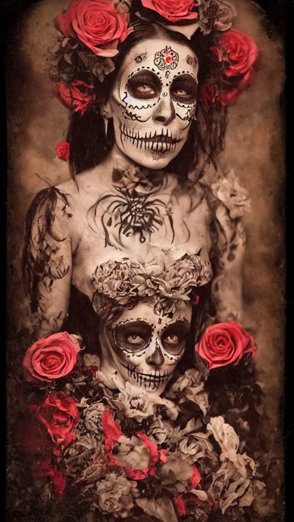 Prompt: tintype full body view, girl in dia de muertos dress and make up, horrific beautiful vibe, evocative, atmospheric lighting, painted, intricate, highly detailed,