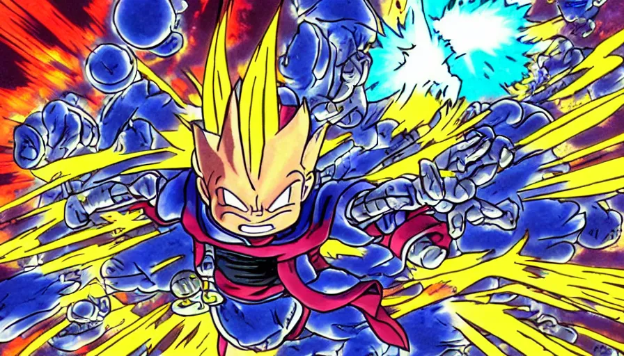 Prompt: screenshot of an evil alien villain charging energy. illustrated by Akira Toriyama