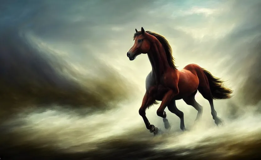 Prompt: a masterpiece oil painting of a proud horse galloping. wide angle, fantasy art, heroic lighting, very very very beautiful raytraced rendering, fog, finger of god