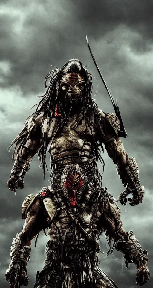 Image similar to movie ( predator vs samurai ) film poster art for hiroyuki sanada as samurai verses predator. in the style of ansel adams, frank frazzetta, realistic, detailed, octane