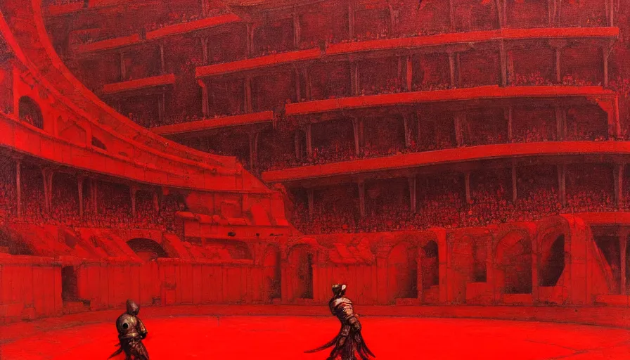 Image similar to only with red, a red gladiator in a crowded roman amphitheatre, crowd cheers him, in the style of beksinski and edward hopper and rodcenko and yue minjun, intricate and epic composition, red by caravaggio, highly detailed, masterpiece, red light, artstation