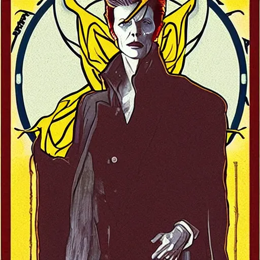 Image similar to david bowie as thomas newton the man who fell to earth, mucha style, art nouveau,