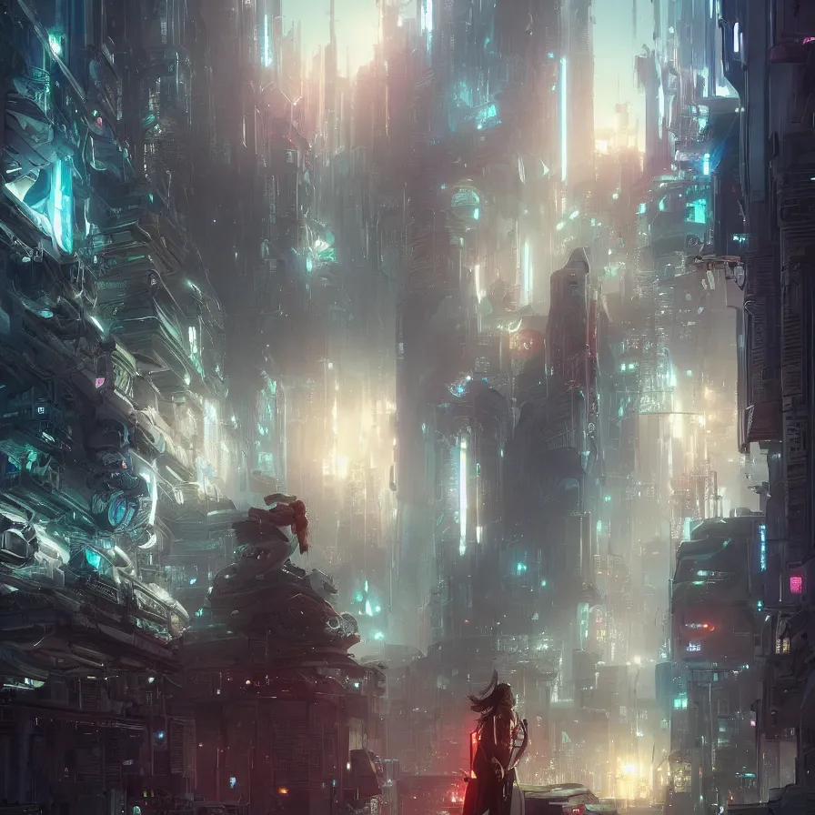 Prompt: portrait of cyborg in futuristic city, stephen bliss, unreal engine, fantasy art by greg rutkowski, loish, rhads, ferdinand knab, makoto shinkai and lois van baarle, ilya kuvshinov, rossdraws, tom bagshaw, global illumination, radiant light, detailed and intricate environment