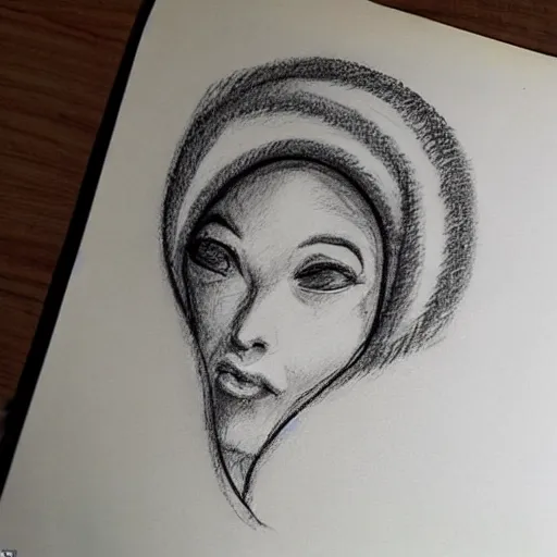 Image similar to a person with a cloud covering their head, sketches of faces look in random places quickly as if they were distracted near the person