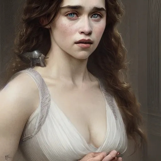 Prompt: beautiful striking Pre-Raphaelite Emilia Clarke by Artgerm and Greg Rutkowski, pale, intricate, elegant, highly detailed, digital painting