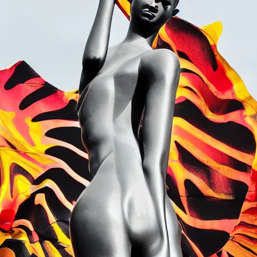 Prompt: black marble statue of a beautiful woman in the style of virgil abloh with in the background colorful motocross logos and traffic signs, colored smoke clouds, very very beautiful, detailed, off white, heron preston, 8 k, 4 k, detailed, beautiful, symmetrical, vogue, editorial, fashion, magazine, soft lighting