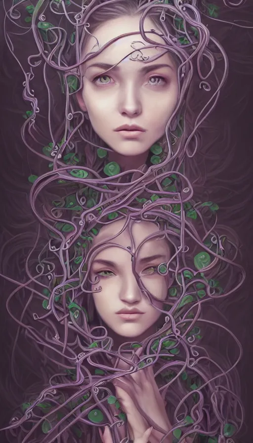 Prompt: very detailed portrait of a 2 0 years old girl surrounded by tentacles, the youg woman visage is blooming from fractal and vines, by artstation