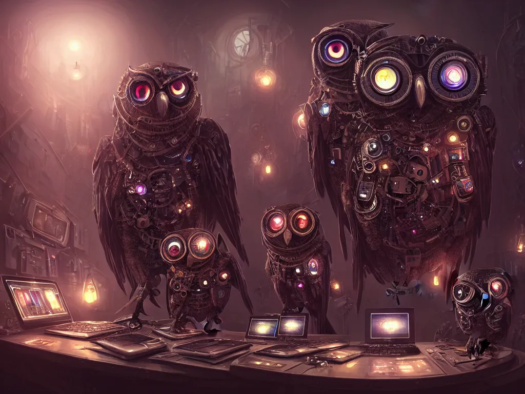 Image similar to an giant evil, malevolent, cyborg owls looking at a computer, surrounded by computer screens. steampunk, intricate, elegant, fantasy, highly detailed, digital painting, concept art, sharp focus, illustration, beautiful lighting, epic light, artstation, colorful, dramatic