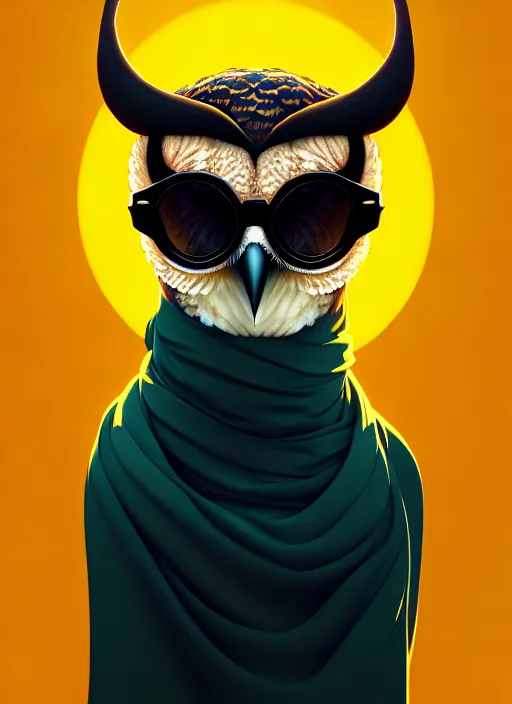 Prompt: a portrait of a stern owl wearing horn rimmed sunglasses and long yellow scarf wrapped around his neck. matte painting, concept art, art nouveau, beautifully backlit, beautifully backlit, swirly vibrant color lines, fantastically gaudy, aesthetic octane render, 8 k hd resolution, by ilya kuvshinov and cushart krent and gilleard james