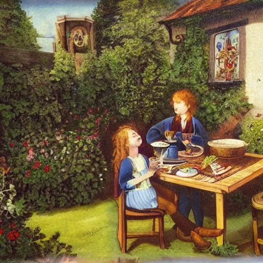 Prompt: girl and boy sitting at table in garden. on the table there is beer and wine. the sun shines. folk horror style art. detailed. clematis. arbour