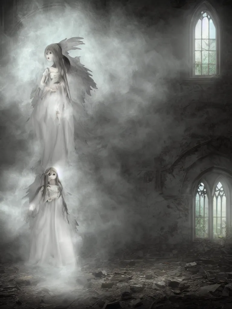 Image similar to cute fumo plush gothic angel maiden girl ghost wraith making an apparition in an abandoned church, wisps of smoke and glowing volumetric fog, vignette, orthographic, vray