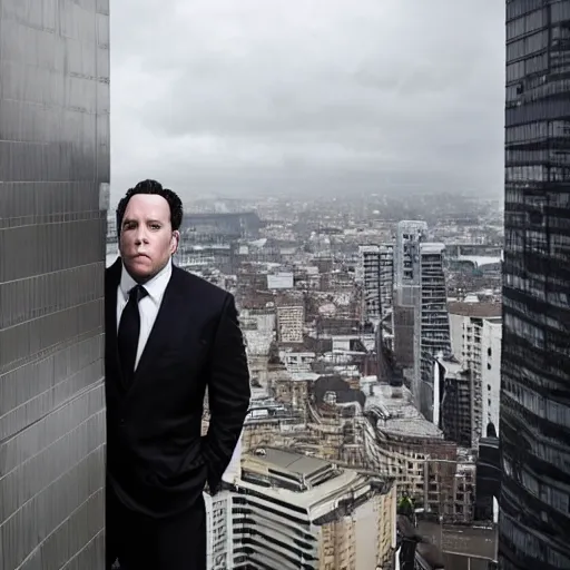 Image similar to Jon Favreau as clean-shaven Happy Hogan wearing a black suit and black necktie and black dress shoes is climbing up the side of a tall building in an urban city. The sky is filled with dark clouds and the mood is ominous.