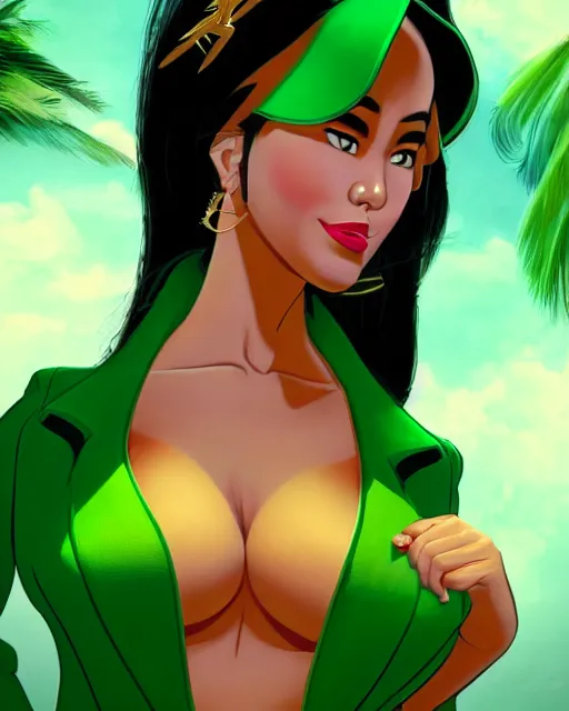 Prompt: alluring heavy filipina woman character portrait, by don bluth, wearing green blazer, sci - fi environment, highly detailed, dynamic shadows, 4 k, wallpaper - 1 0 2 4