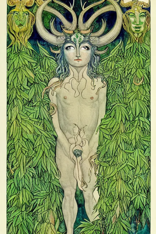 Prompt: god corunnus, horned god, green man, realistic face of horned man in a frame of foliage, detailed art by kay nielsen and walter crane, illustration style, watercolor