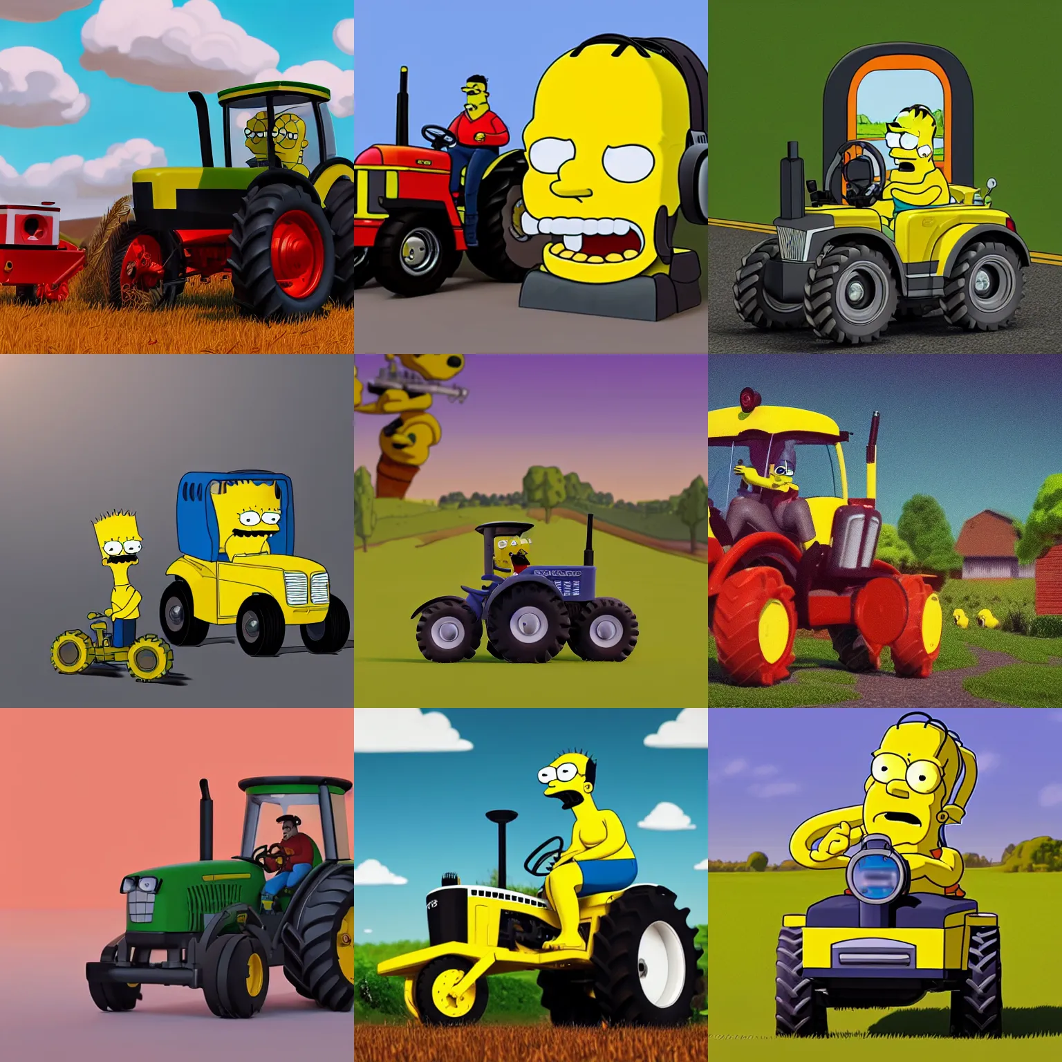 Prompt: a cyclopse riding a tractor listening to air pods in the style of the simpsons, artstation, instagram, toy room, DOF, soft lighting, unreal engine render