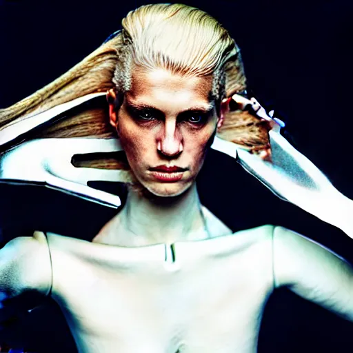 Image similar to photograph by annie leibovitz of robotic blonde female wearing designer clothes