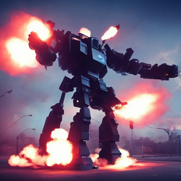 Prompt: Giant police mech fires rockets at fleeing car, color, cinematic lighting, highly detailed, octane render