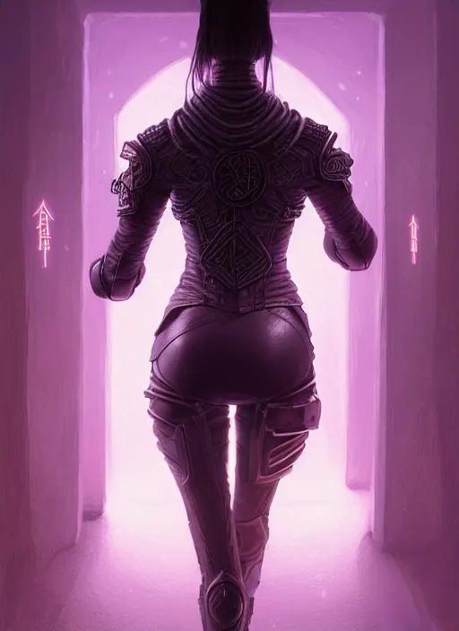 Image similar to back, behind, facing away from viewer, portrait of a woman in purple leather future armor with a long black ponytail, walking down a hallway filled with glowing runes, intricate, elegant, rune light, highly detailed, digital painting, artstation, concept art, smooth, sharp focus, illustration, art by wlop, mars ravelo and greg rutkowski