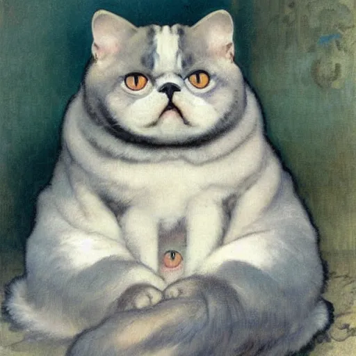 Image similar to exotic shorthair cat, solid grey, beautiful painting by beautiful potter and henriette ronner - knip and alphonse mucha