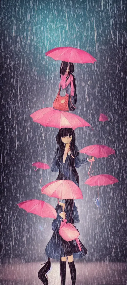 Image similar to beautiful drawing style, girl holding umbrella, contrast, visible rain, vaporware cartoon japan background, kawaii rainy gloomy, rainy night