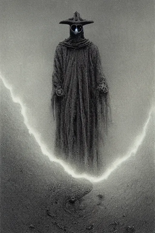 Image similar to plague doctor from iron gridle but human form, destroyed city and flames by zdzislaw beksinski