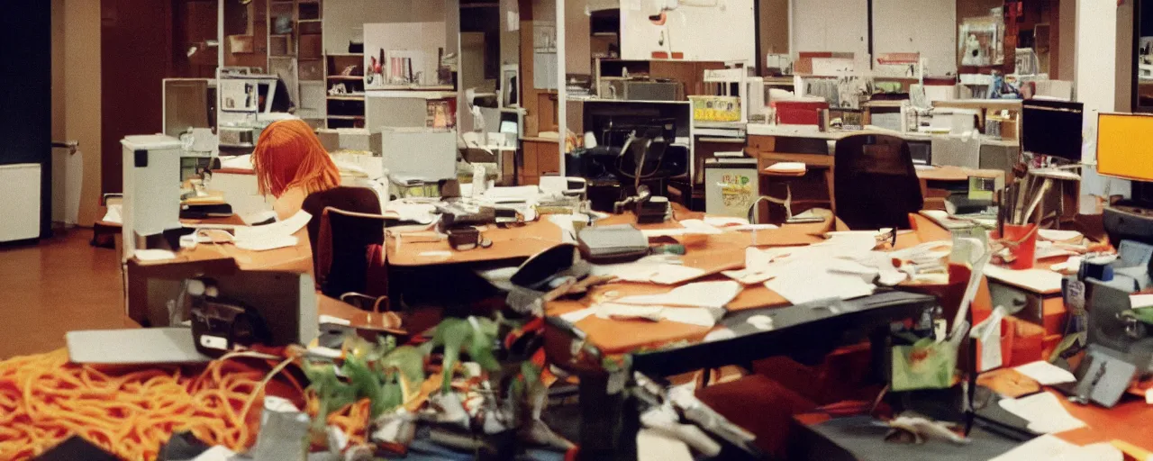 Prompt: security cam footage of someone with their head on spaghetti at their desk, at work, kodachrome, in the style of wes anderson, retro!! no repeats!!